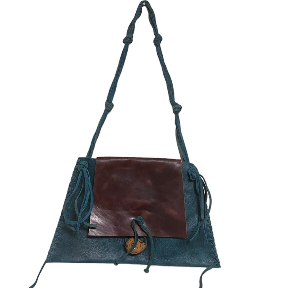 Western Boho Handmade Teal and Brown Leather Shoulder Bag